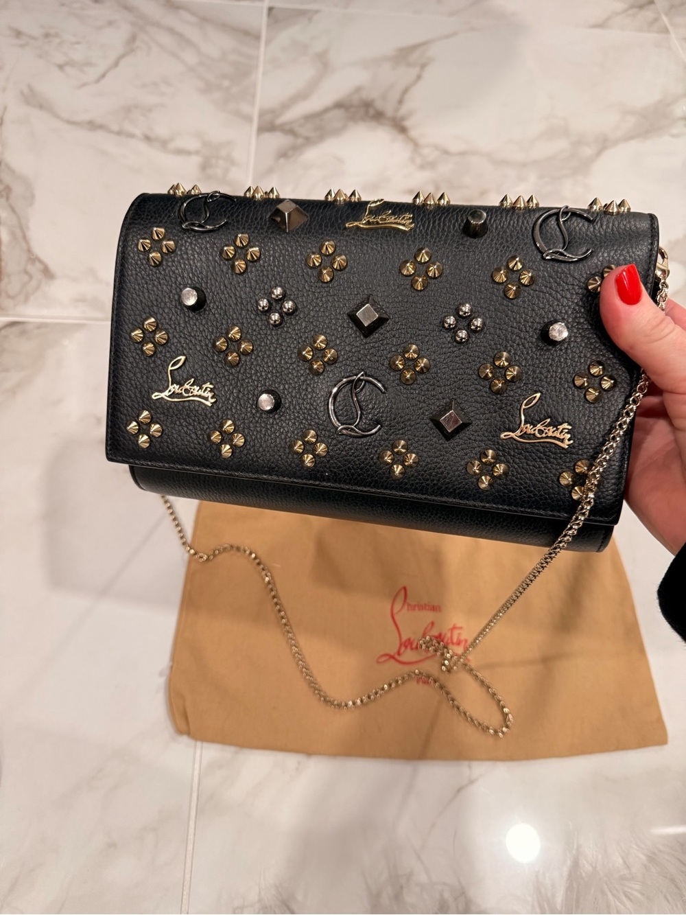 Christian Louboutin Black Leather Studded Crossbody with Gold & Silver Accents